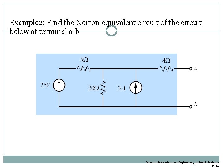 Example 2: Find the Norton equivalent circuit of the circuit below at terminal a-b