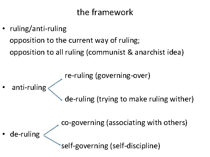 the framework • ruling/anti-ruling opposition to the current way of ruling; opposition to all