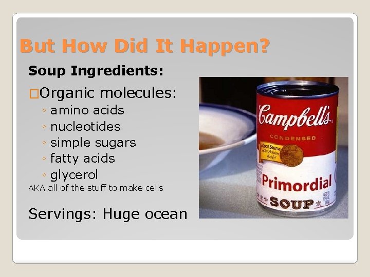 But How Did It Happen? Soup Ingredients: �Organic molecules: ◦ amino acids ◦ nucleotides