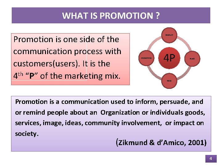 WHAT IS PROMOTION ? Promotion is one side of the communication process with customers(users).