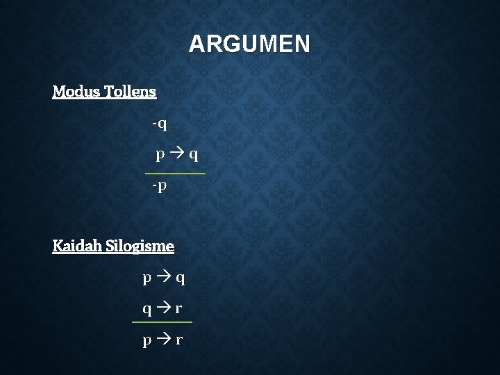 ARGUMEN Modus Tollens -q p q -p Kaidah Silogisme p q q r p