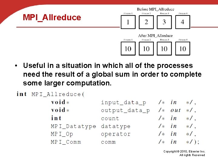 MPI_Allreduce • Useful in a situation in which all of the processes need the