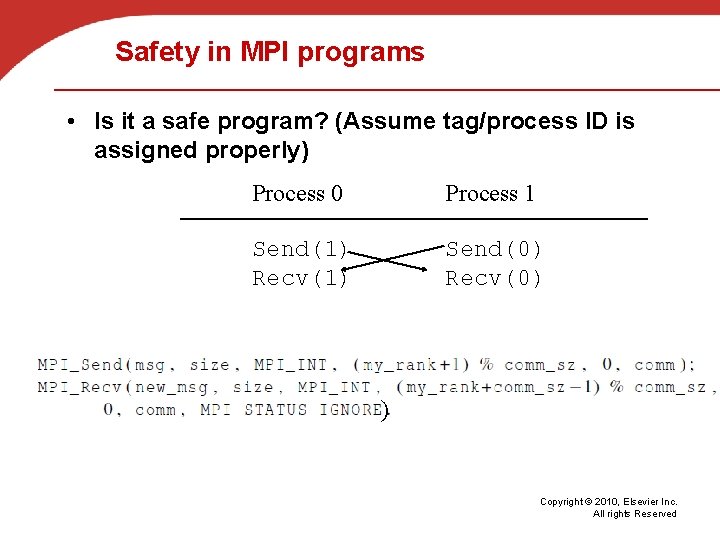 Safety in MPI programs • Is it a safe program? (Assume tag/process ID is