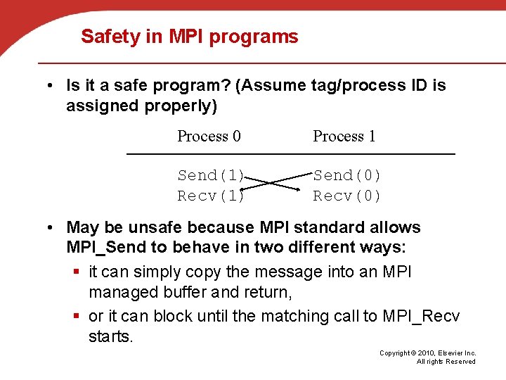 Safety in MPI programs • Is it a safe program? (Assume tag/process ID is