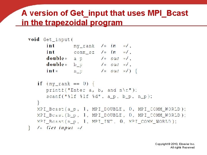 A version of Get_input that uses MPI_Bcast in the trapezoidal program Copyright © 2010,