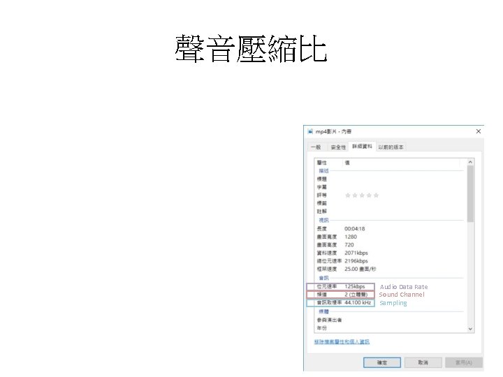 聲音壓縮比 Audio Data Rate Sound Channel Sampling 