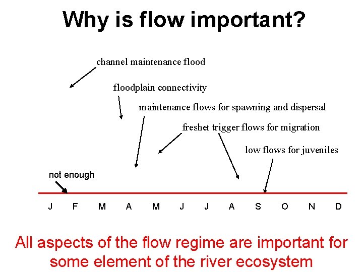 Why is flow important? channel maintenance floodplain connectivity maintenance flows for spawning and dispersal