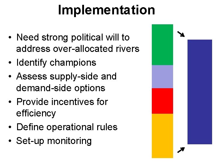 Implementation • Need strong political will to address over-allocated rivers • Identify champions •