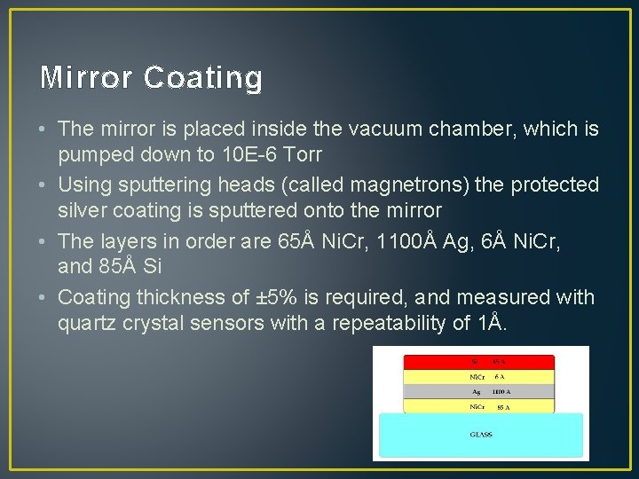 Mirror Coating • The mirror is placed inside the vacuum chamber, which is pumped
