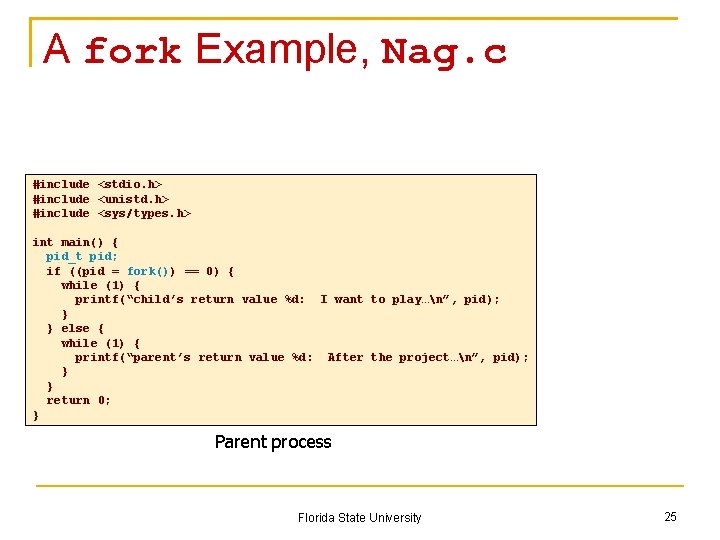 A fork Example, Nag. c #include <stdio. h> #include <unistd. h> #include <sys/types. h>