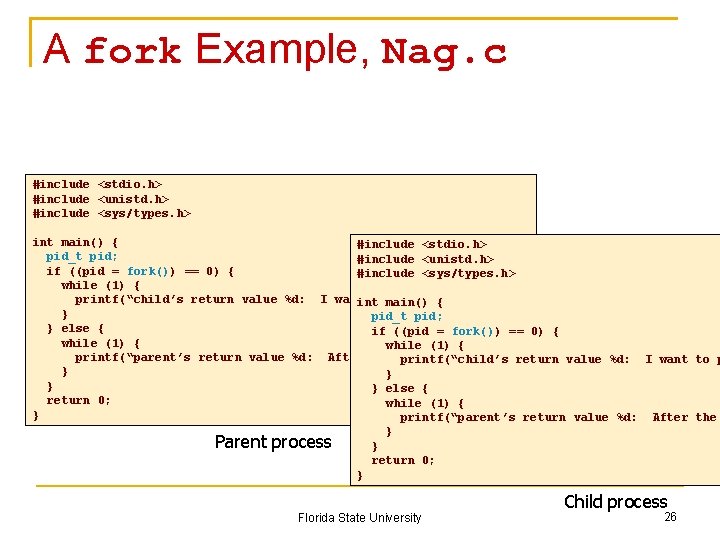 A fork Example, Nag. c #include <stdio. h> #include <unistd. h> #include <sys/types. h>