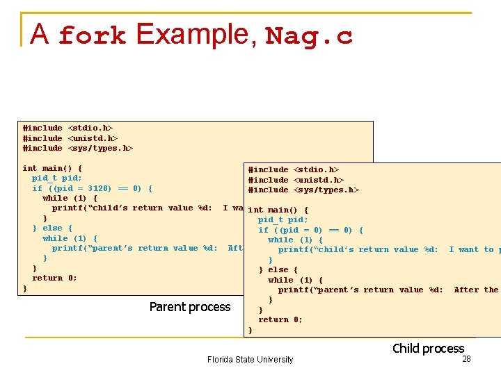 A fork Example, Nag. c #include <stdio. h> #include <unistd. h> #include <sys/types. h>