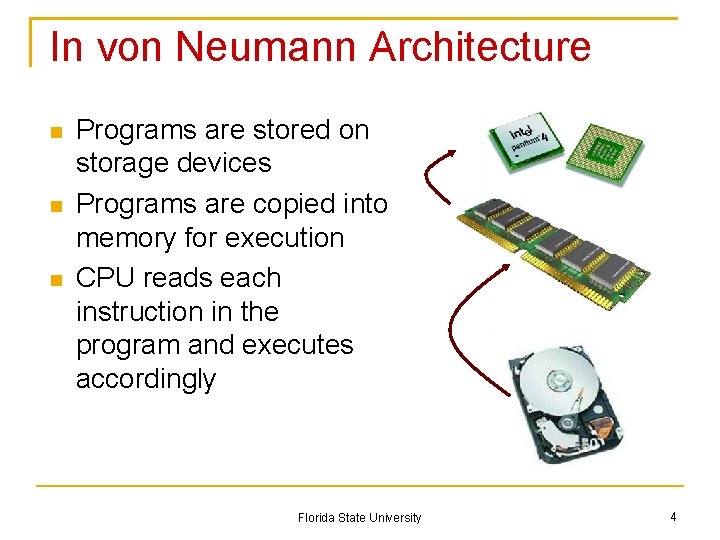 In von Neumann Architecture Programs are stored on storage devices Programs are copied into