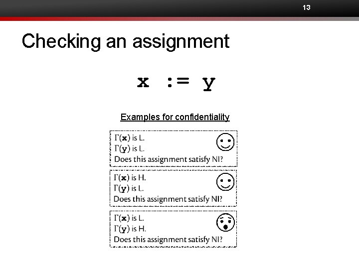 13 Checking an assignment x : = y Examples for confidentiality 