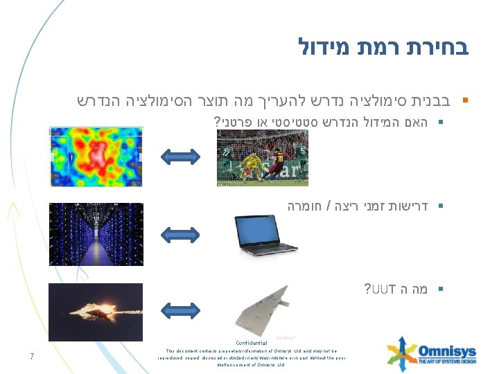  בחירת רמת מידול § בבנית סימולציה נדרש להעריך מה תוצר הסימולציה הנדרש ?