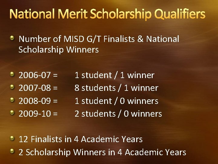 National Merit Scholarship Qualifiers Number of MISD G/T Finalists & National Scholarship Winners 2006