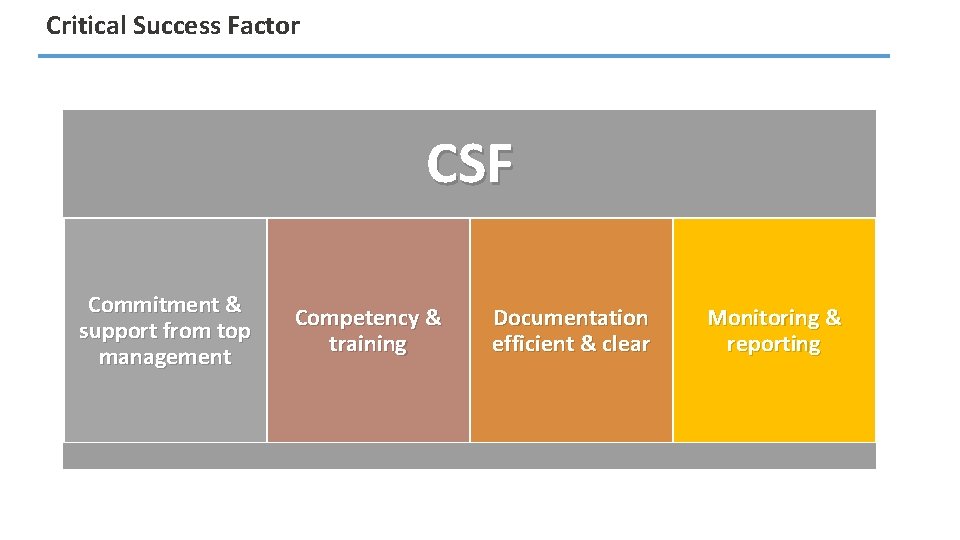 Critical Success Factor CSF Commitment & support from top management Competency & training Documentation