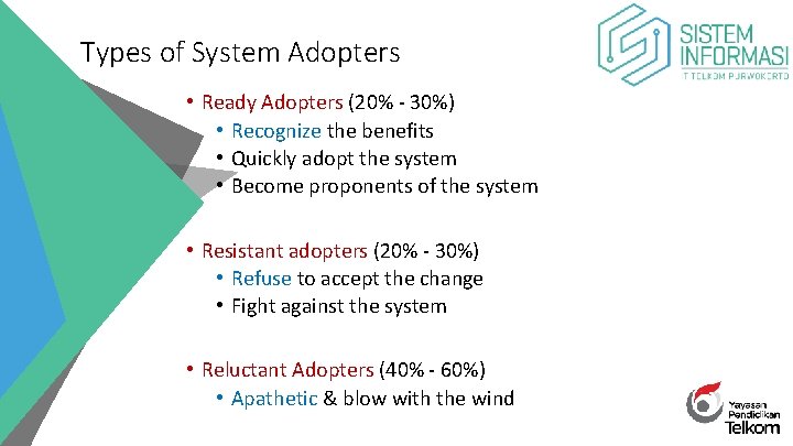 Types of System Adopters • Ready Adopters (20% - 30%) • Recognize the benefits