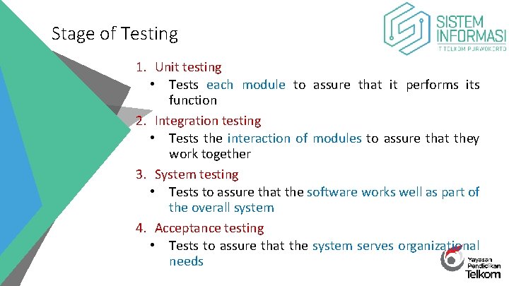 Stage of Testing 1. Unit testing • Tests each module to assure that it