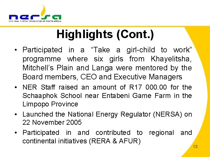 Highlights (Cont. ) • Participated in a “Take a girl-child to work” programme where