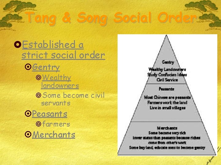 Tang & Song Social Order £Established a strict social order ¤Gentry ¥Wealthy landowners ¥Some