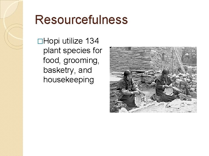 Resourcefulness �Hopi utilize 134 plant species for food, grooming, basketry, and housekeeping 