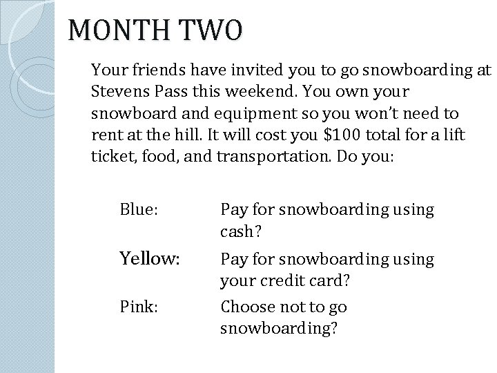 MONTH TWO Your friends have invited you to go snowboarding at Stevens Pass this