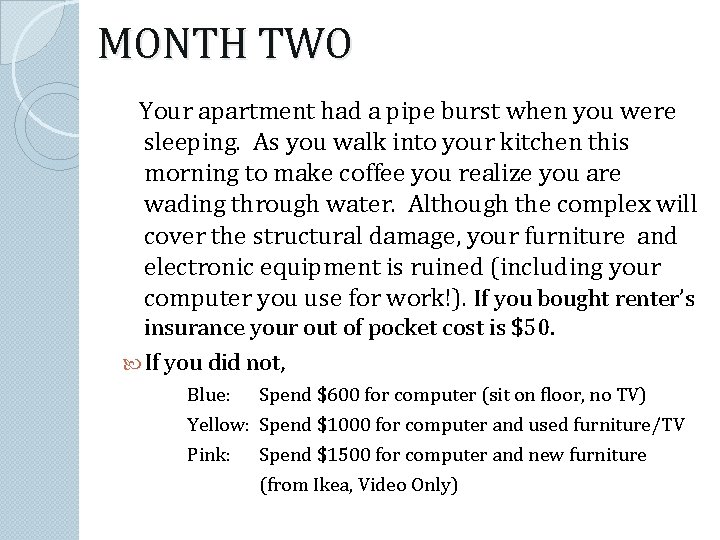 MONTH TWO Your apartment had a pipe burst when you were sleeping. As you