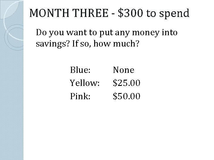 MONTH THREE - $300 to spend Do you want to put any money into