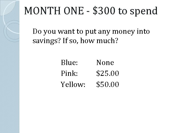 MONTH ONE - $300 to spend Do you want to put any money into