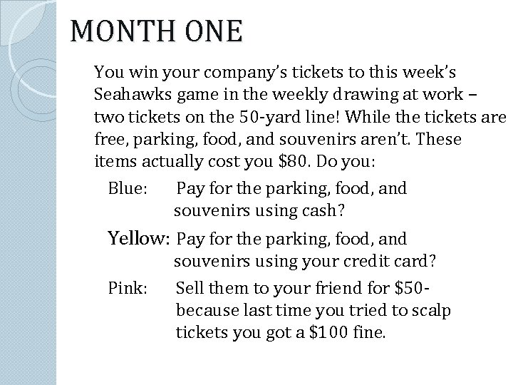 MONTH ONE You win your company’s tickets to this week’s Seahawks game in the