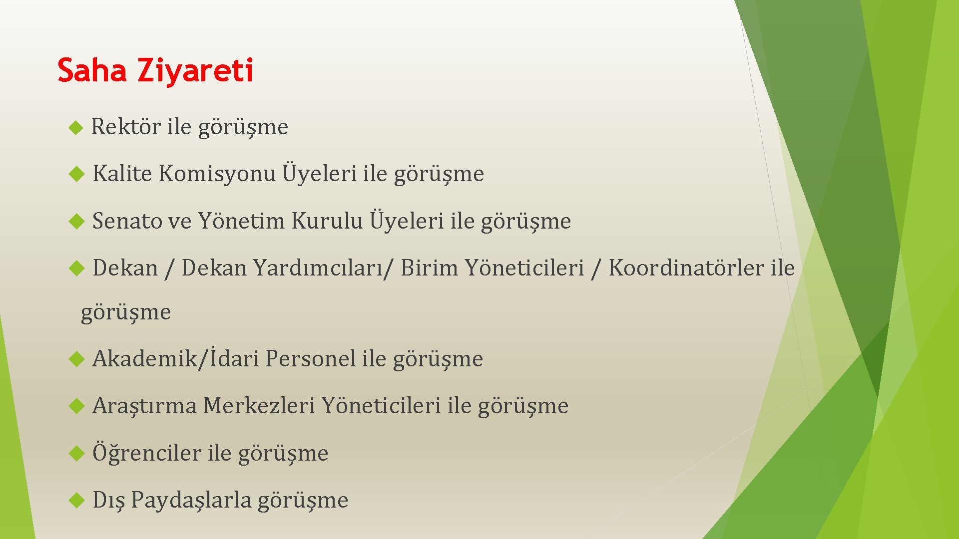 Saha Ziyareti Rektör ile görüşme Kalite Komisyonu Üyeleri ile görüşme Senato ve Yönetim Kurulu