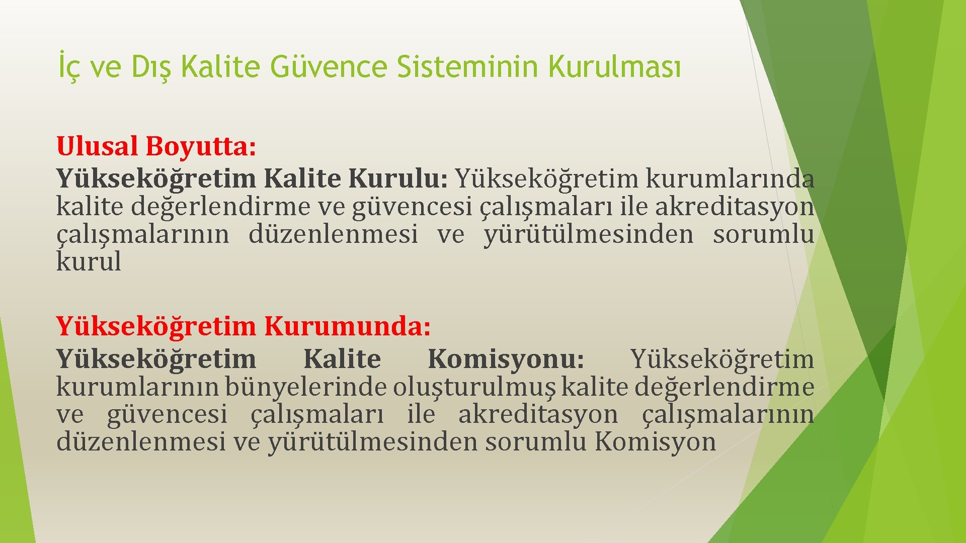 İç ve Dış Kalite Güvence Sisteminin Kurulması Ulusal Boyutta: Yükseköğretim Kalite Kurulu: Yükseköğretim kurumlarında