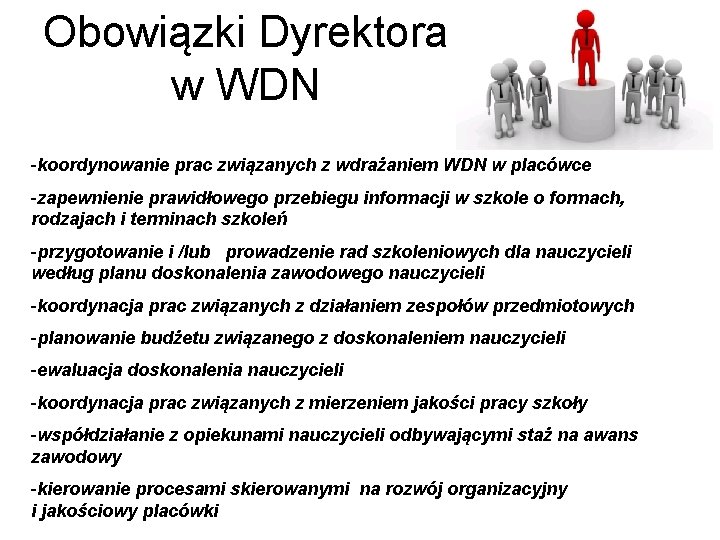 Obowiązki Dyrektora w WDN -koordynowanie prac związanych z wdrażaniem WDN w placówce -zapewnienie prawidłowego