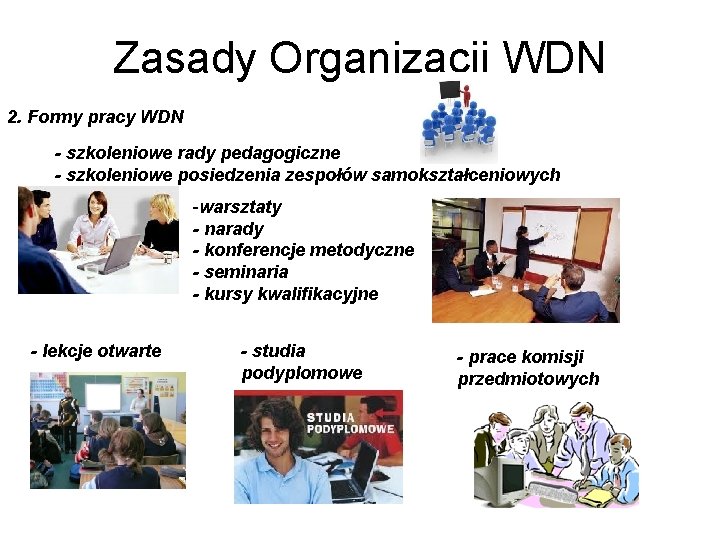 Zasady Organizacji WDN 2. Formy pracy WDN - szkoleniowe rady pedagogiczne - szkoleniowe posiedzenia