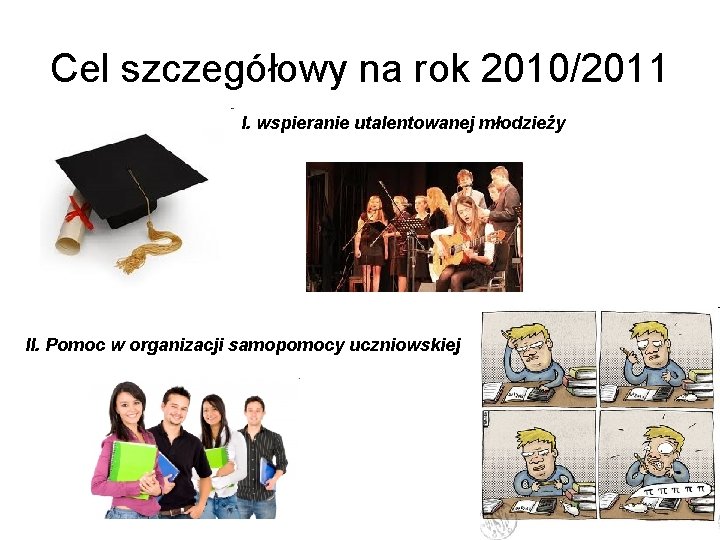 Cel szczegółowy na rok 2010/2011 I. wspieranie utalentowanej młodzieży II. Pomoc w organizacji samopomocy