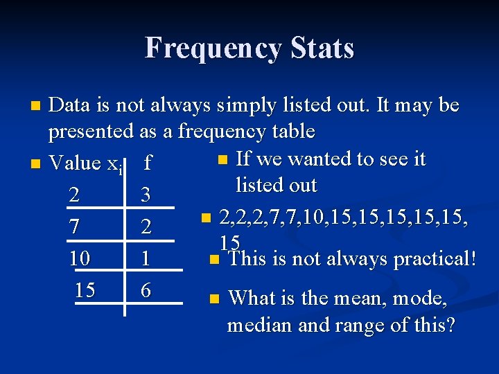 Frequency Stats Data is not always simply listed out. It may be presented as