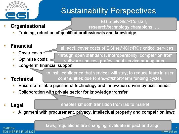 Sustainability Perspectives • EGI. eu/NGIs/RCs staff, Organisational research/technology champions, … • Training, retention of