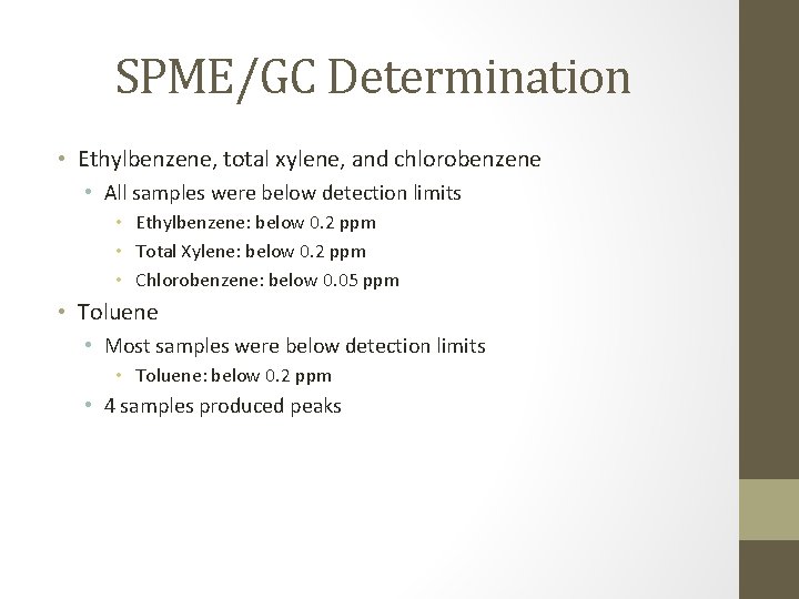 SPME/GC Determination • Ethylbenzene, total xylene, and chlorobenzene • All samples were below detection