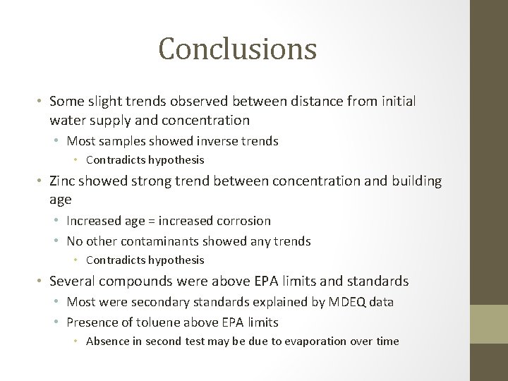 Conclusions • Some slight trends observed between distance from initial water supply and concentration