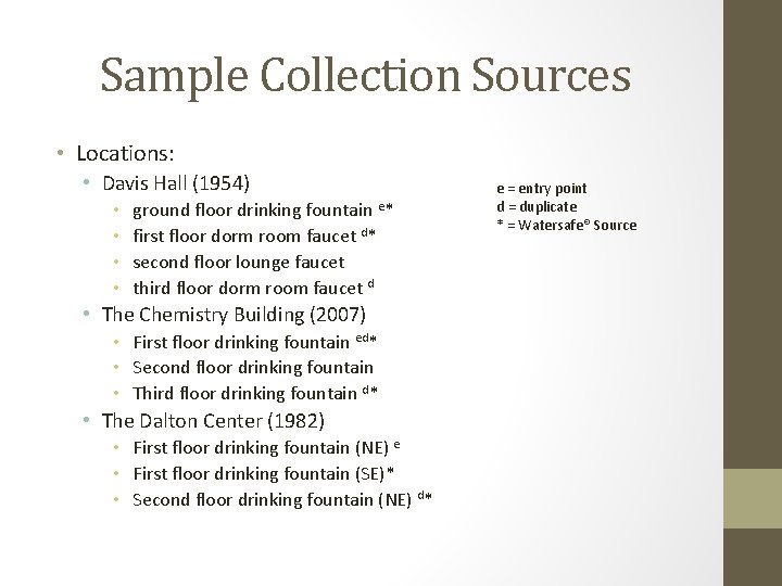 Sample Collection Sources • Locations: • Davis Hall (1954) • • ground floor drinking
