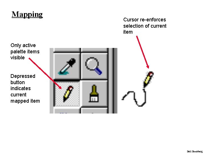 Mapping Cursor re-enforces selection of current item Only active palette items visible Depressed button Mapping Cursor re-enforces selection of current item Only active palette items visible Depressed button