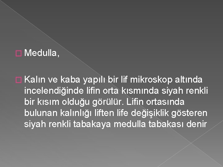 � Medulla, � Kalın ve kaba yapılı bir lif mikroskop altında incelendiğinde lifin orta