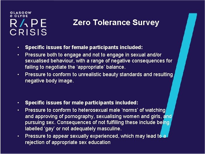 Zero Tolerance Survey • • • Specific issues for female participants included: Pressure both