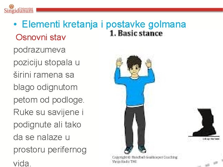  • Elementi kretanja i postavke golmana Osnovni stav podrazumeva poziciju stopala u širini