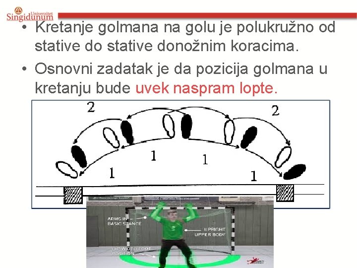  • Kretanje golmana na golu je polukružno od stative donožnim koracima. • Osnovni
