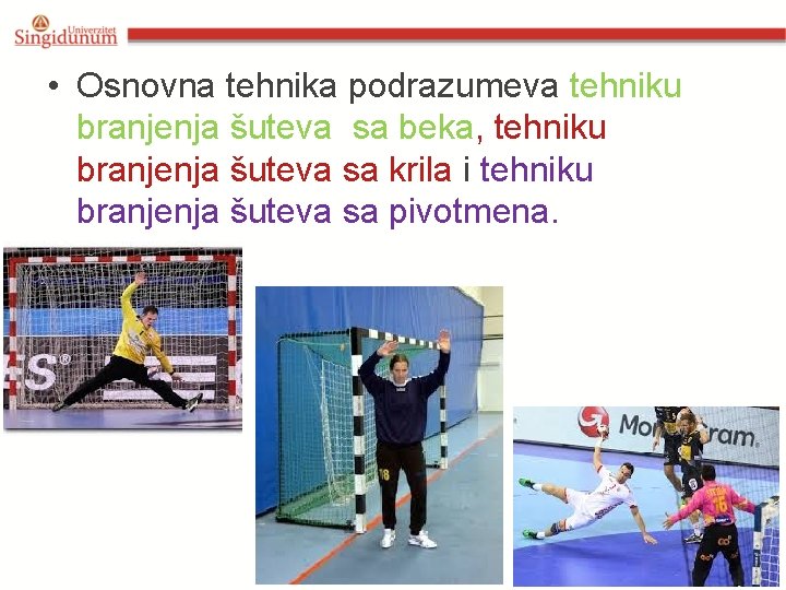  • Osnovna tehnika podrazumeva tehniku branjenja šuteva sa beka, tehniku branjenja šuteva sa