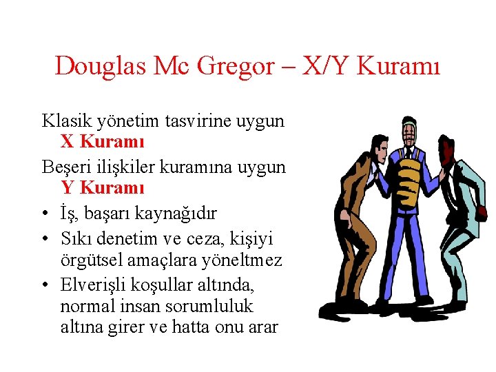 Douglas Mc Gregor – X/Y Kuramı Klasik yönetim tasvirine uygun X Kuramı Beşeri ilişkiler