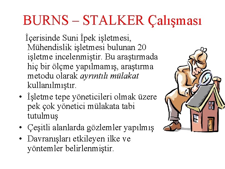 BURNS – STALKER Çalışması İçerisinde Suni İpek işletmesi, Mühendislik işletmesi bulunan 20 işletme incelenmiştir.