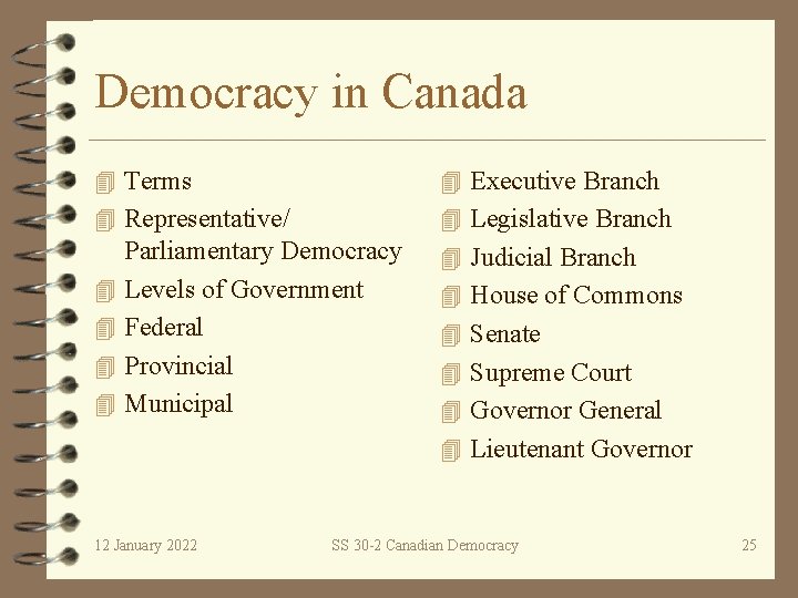 Democracy in Canada 4 Terms 4 Executive Branch 4 Representative/ 4 Legislative Branch 4
